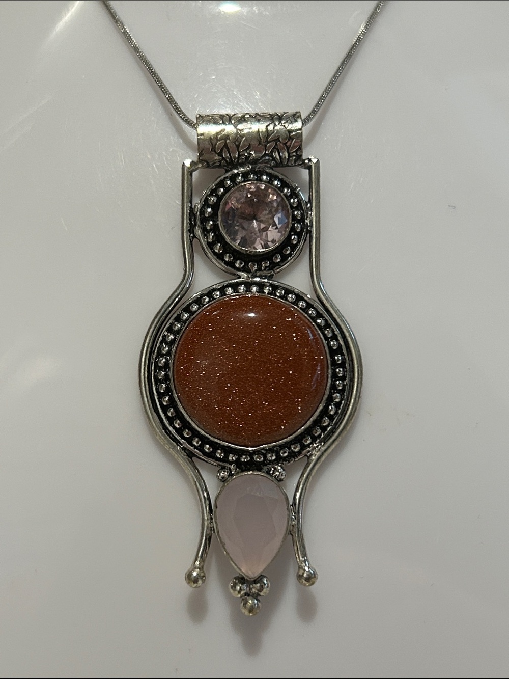 Goldstone & Pink Topaz Gemstone Ethnic Pendant Necklace